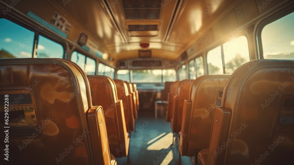 Inside view of an empty school bus with focus on the driver's seat in the early morning. Generative AI