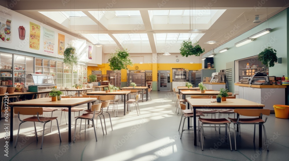 A school canteen showcasing healthy lunch options. Generative AI A school canteen showcasing healthy lunch options. Generative AI