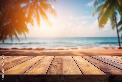 Serene beach view from wooden table, tropical palm trees, and ocean waves. Perfect for vacation ads. AI Generative.
