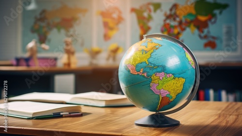 A highly detailed world map and globe resting on a classroom desk. Generative AI photo