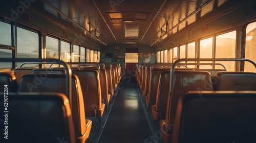 Inside view of an empty school bus with focus on the driver's seat in the early morning. Generative AI