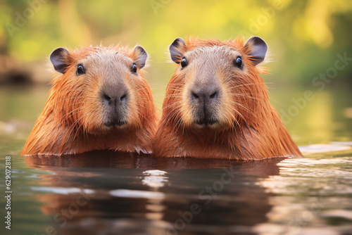 Two capybaras are standing next to each other in water, Exploring Capybara Habitats, Capybara herd in their natural habitat Natural Environment