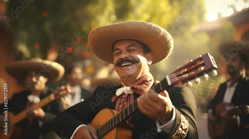 Fiesta on the Streets. Mariachi Band in Traditional Clothing Playing Music in Mexico. AI Generative photo