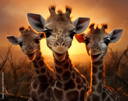 Three Baby Giraffes Standing Side-By-Side