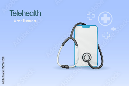 Telemedicine, telehealth, online doctor. Stethoscope on smartphone with blank screen. 3D vector.
