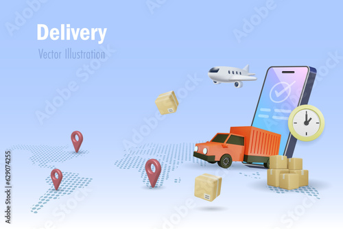Online shipment delivery and logistic distribution. Carton boxes with delivery transportation by truck and airplane. Supply chain network connecting, import export and shipping freight. 3D vector.