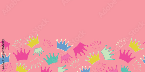 Vector Colorful Crowns Border with Pink Background seamless pattern.   Perfect for fabric  scrapbooking  wallpaper projects  and paper products. 