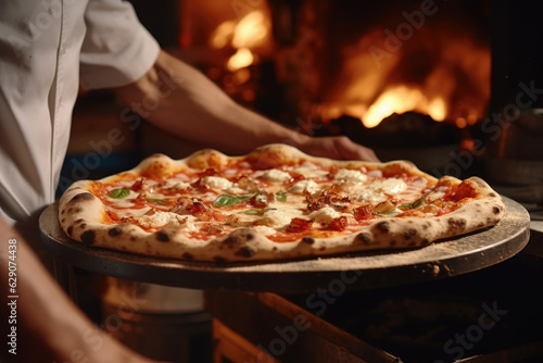 Neapolitan Culinary Tradition. Pizzaiolo Preparing Pizza with Thin Crust and Rich Tomato Sauce in Authentic Pizzeria. AI Generative