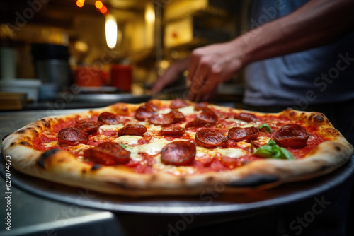 Taste of New York. Pizzaiolo Preparing Pizza with Pepperoni, Sausage, and Mushrooms in NYC Pizzeria. AI Generative