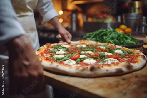 Italian Culinary Masterpiece. Pizzaiolo Preparing Pizza with Fresh Ingredients in Authentic Pizzeria. AI Generative