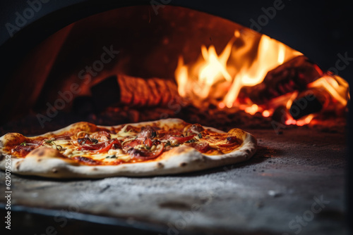 A Culinary Spectacle: Pizzaiolo's Expertise on Display as He Prepares a Delicious Pizza with Crispy Crust in a Traditional Wood-Fired Oven
