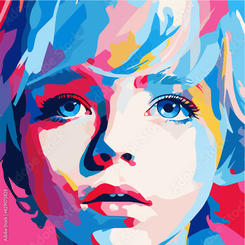 Beautiful colorful portrait of a little shy kid. Vibrant pink and blue pop art illustration of an innocent young child close-up face