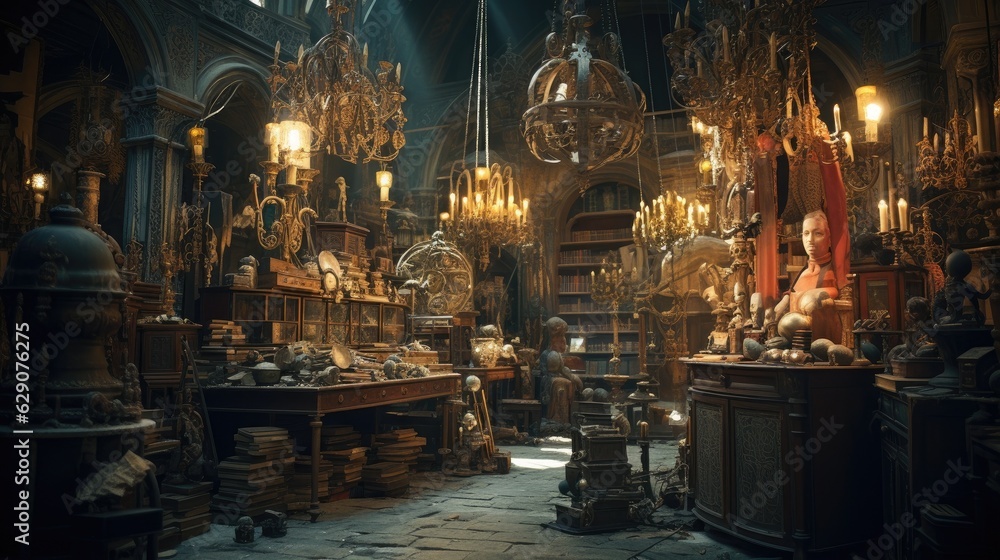 A quiet antique shop filled with curiosities and forgotten treasures, bathed in warm, soft light. Generative AI