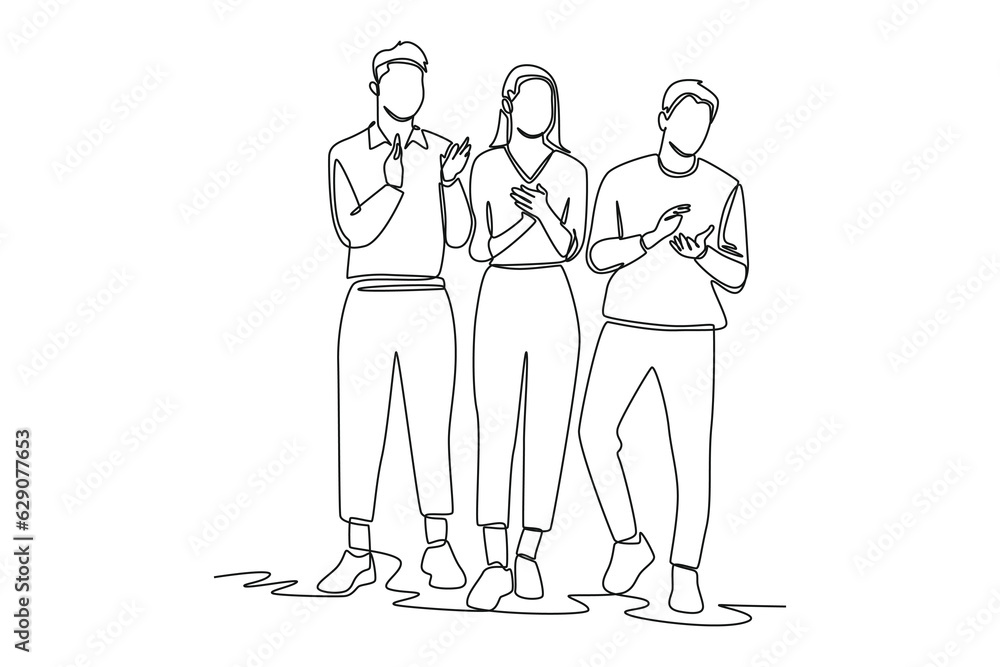 Continuous one line drawing of happy people group, welcoming and applauding concept. Doodle vector illustration in simple linear style. Continuous one line drawing of happy people group, welcoming and applauding concept. Doodle vector illustration in simple linear style.