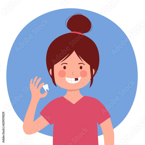 Girl child missing teeth in flat design. Dental health.