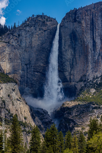 Yosemite Falls from Southside Drive near Swinging Bridge Picnic Area in Yosemite Valley, Yosemite National Park, California, USA in May of 2023 