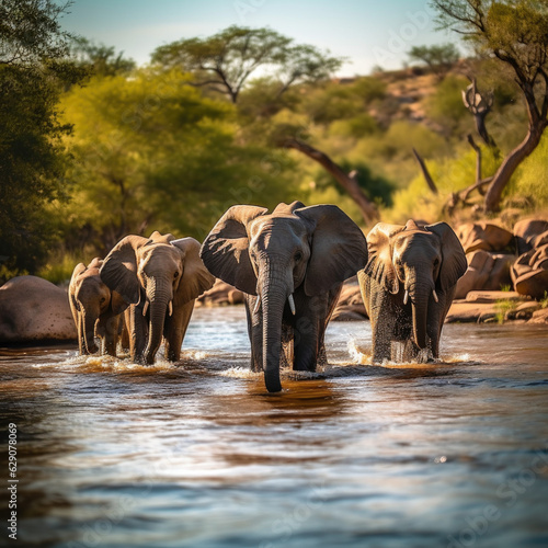 Wildlife Wonders. Group of Elephants Crossing a River in a African  wildlife National Park. A Glimpse of Untamed Nature and Animal Kingdom. © Mr. Bolota