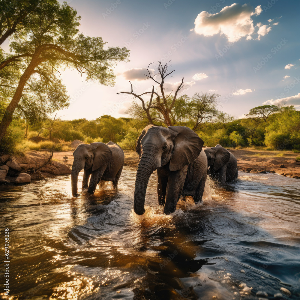 Wildlife Wonders. Group of Elephants Crossing a River in a African  wildlife National Park. A Glimpse of Untamed Nature and Animal Kingdom.