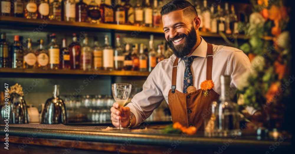 A bartender in a bar wearing an apron. Serving an alcoholic drink.