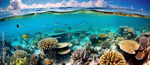 Above and below: An underwater coral scene showing marine lfe under a bright blue sky with clouds © Delta Amphule
