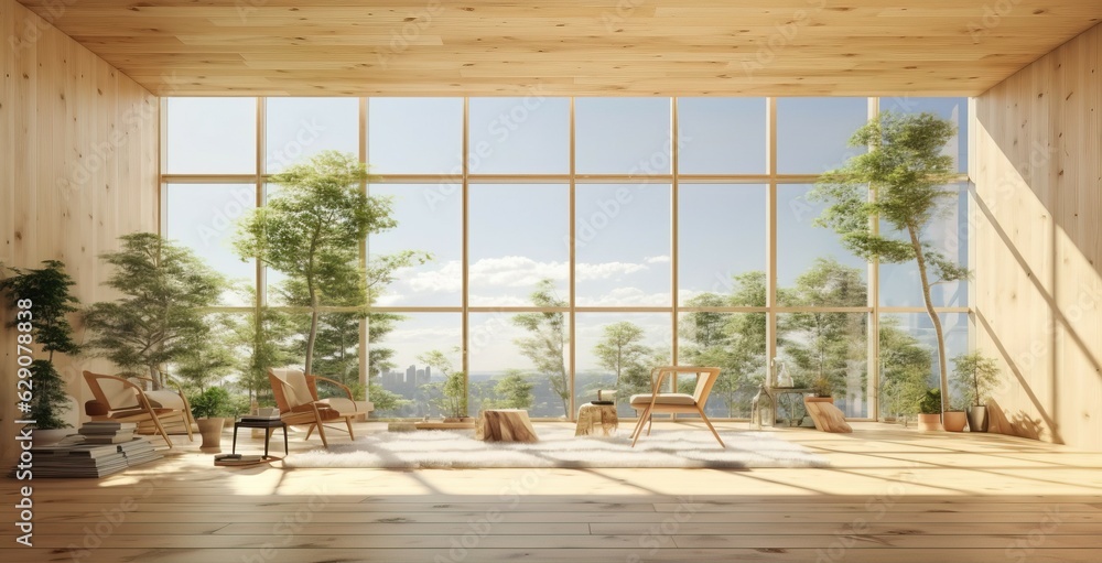 The interior of the hall with high ceilings with spacious beige wood floors, decorated with trees, gives a natural look, and large windows look outside the sky. The interior of the hall with high ceilings with spacious beige wood floors, decorated with trees, gives a natural look, and large windows look outside the sky.