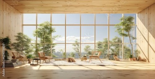 The interior of the hall with high ceilings with spacious beige wood floors, decorated with trees, gives a natural look, and large windows look outside the sky. © Komkit