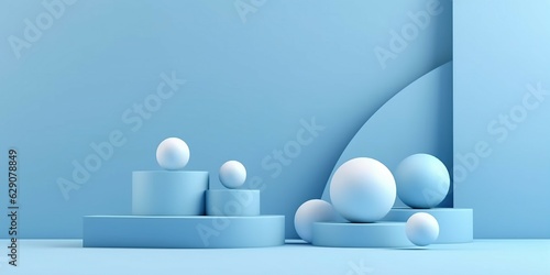 Abstract rendering 3D illustration of a gradiently placed blank product podium backdrop in light blue tones.