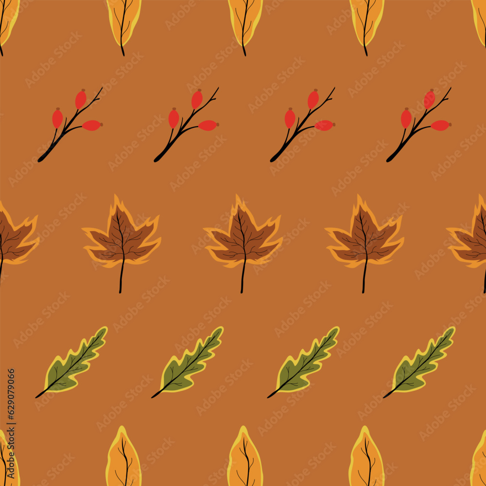 Creative Autumn Seamless Pattern With Simple Leaves And Plants, Vector Illustration