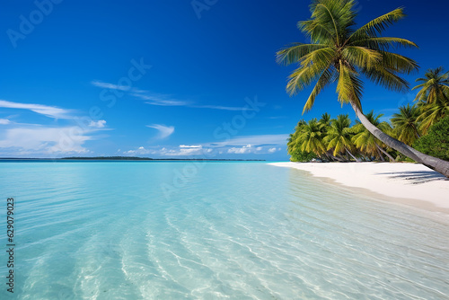 White sand beach with coconut palm trees  crystal clear blue sea water  Generative AI image