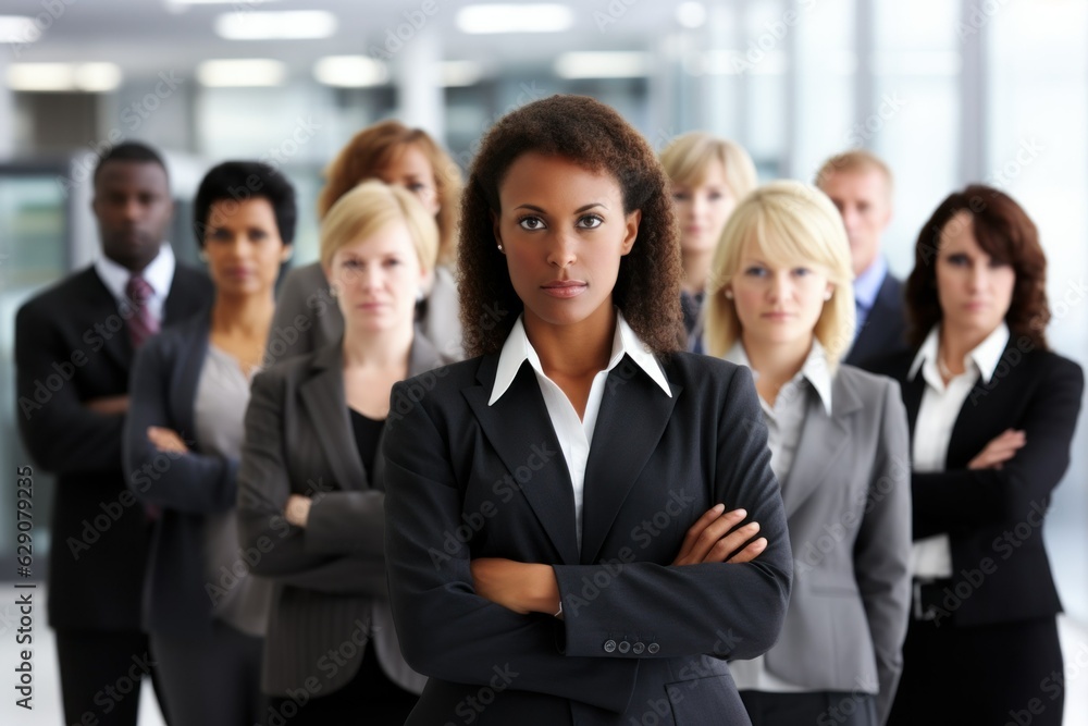 A group of fictional coworkers in formal attire in an office. Confident and teamwork corporate photo. Generative AI. A group of fictional coworkers in formal attire in an office. Confident and teamwork corporate photo. Generative AI.