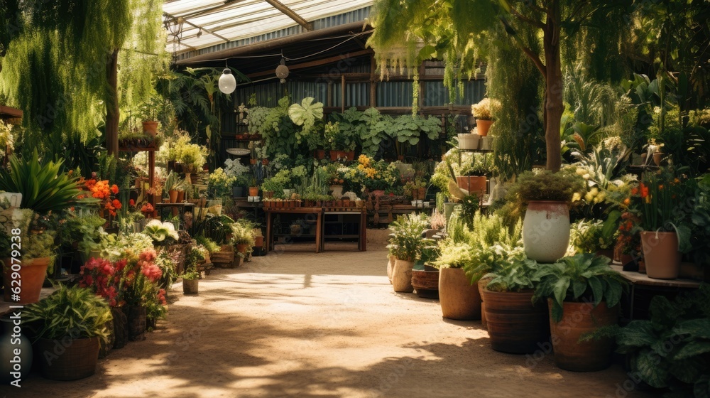 Fototapeta premium An outdoor plant nursery filled with lush greenery. Generative AI