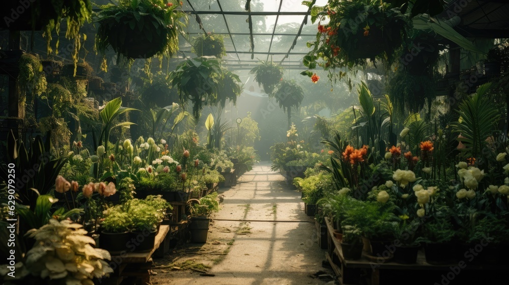 Obraz premium An outdoor plant nursery filled with lush greenery. Generative AI