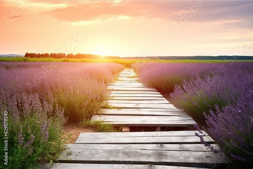 Sunset over nature beautiful. Spring landscape with purple beauty lavender meadow field fresh and serene. Travel and relax