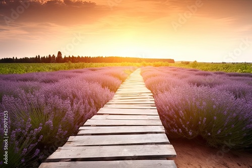 Sunset over nature beautiful. Spring landscape with purple beauty lavender meadow field fresh and serene. Travel and relax