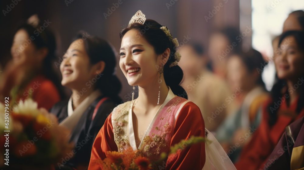 Traditional Korean Wedding Bliss: Bride's Happiness Shines Bright. Reflections of Joy. A Bride's Radiance