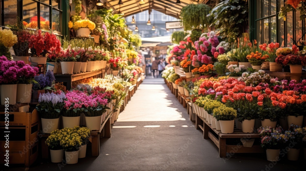 A vibrant flower market with a vast array of fresh blooms. Generative AI
