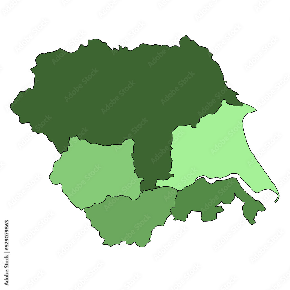  green map of  Yorkshire and the Humber is a region of England, with borders of the ceremonial counties and different colour.