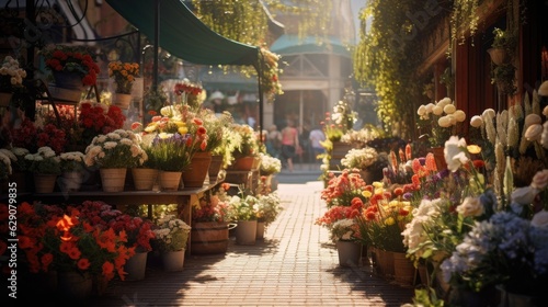 A vibrant flower market with a vast array of fresh blooms. Generative AI