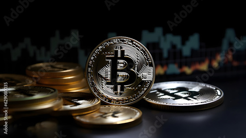 bitcoin shiners in front of candlesticks price chart, neural network generated image photo