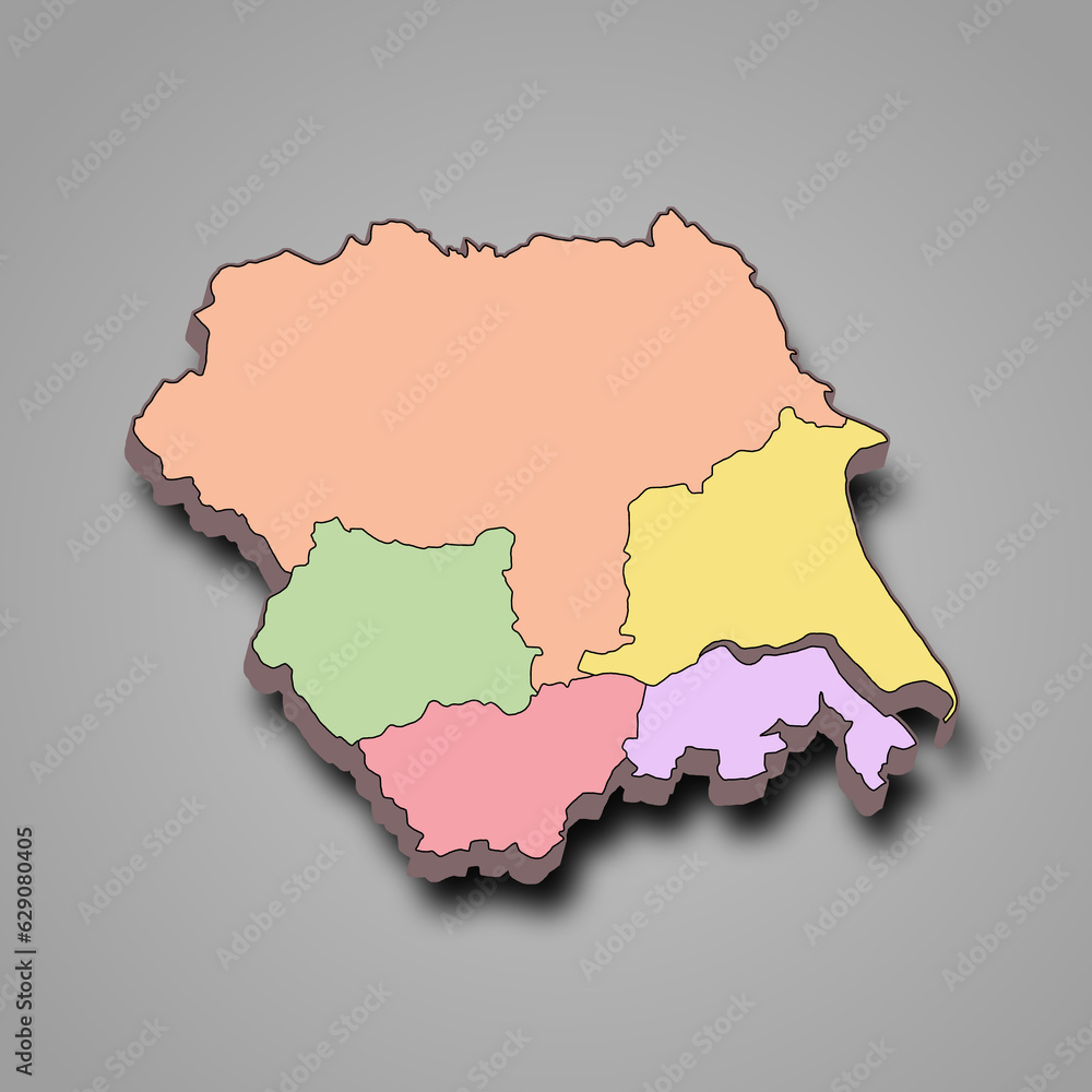 3d map of  Yorkshire and the Humber is a region of England, with borders of the ceremonial counties and different colour.