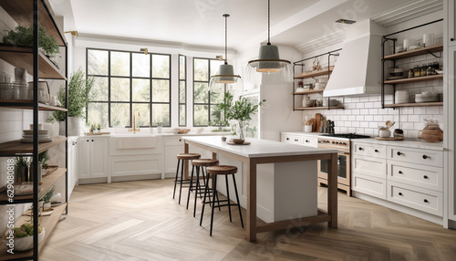 bright, spacious and modern farmhouse style kitchen, generative ai