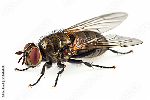 Insect Fly Macro Dung Files On White Background, Generative Ai