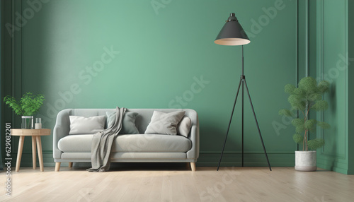 Home interior mock-up with gray sofa, wooden floor lamp and green vase in bright living room, 3d render, 3d illustration, generative ai