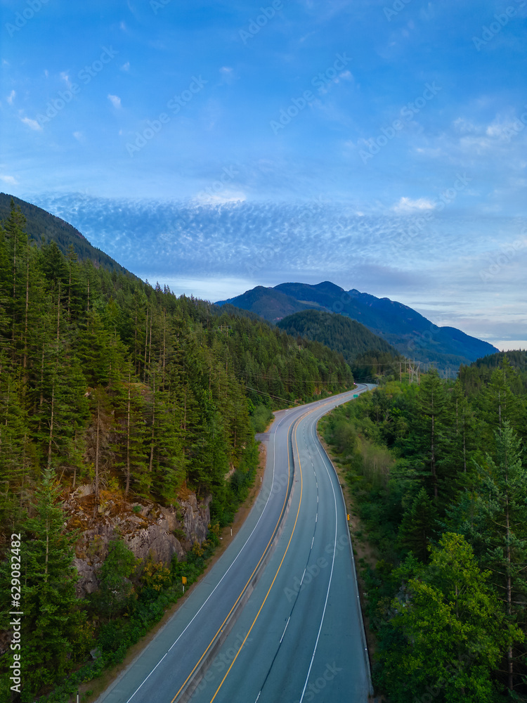 Scenic Highway on the ocean coast with mountain landscape. Sea to Sky Hwy