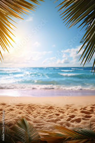 Summer vacation concept: background with frame, golden sand beach close-up, sea, blue sky, white clouds, rays of sun, and tropical palm leaf. © faissal El Kadousy