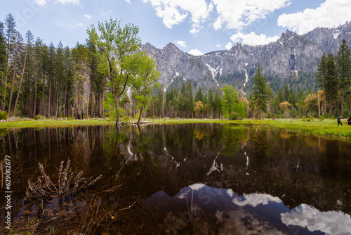 Fototapeta Naklejka Na Ścianę i Meble -  View of Mountains reflecting on flood water pond from Northside Drive in Yosemite Valley, Yosemite National Park, California, USA in May of 2023
