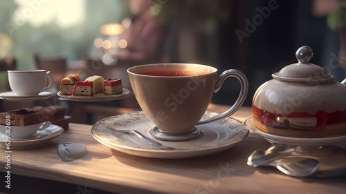 afternoon tea in a cup at wooden table, generstive Ai art