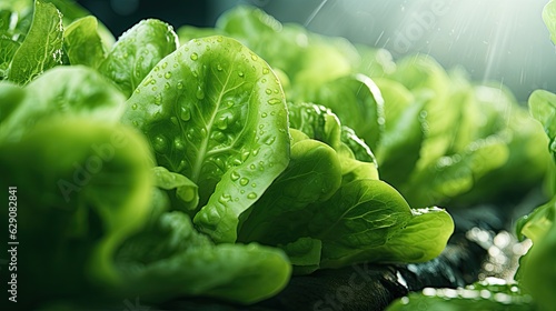 Fresh Cos Romaine Lettuce The organic Green Cos Lettuce in the home garden in the evening Fresh vegetable in the garden. Healthy food for weight loss concept High fiber and High vitamin. Green salad