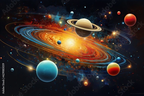 planetary system 3d illustration of planets, in the style of colorful biomorphic forms planet and solar system with saturn, moon, stars,