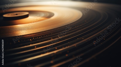 Close-up of a vinyl record's grooves. Generative AI
